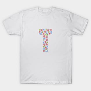 Floral Monogram Letter T - pink and blue T-Shirt